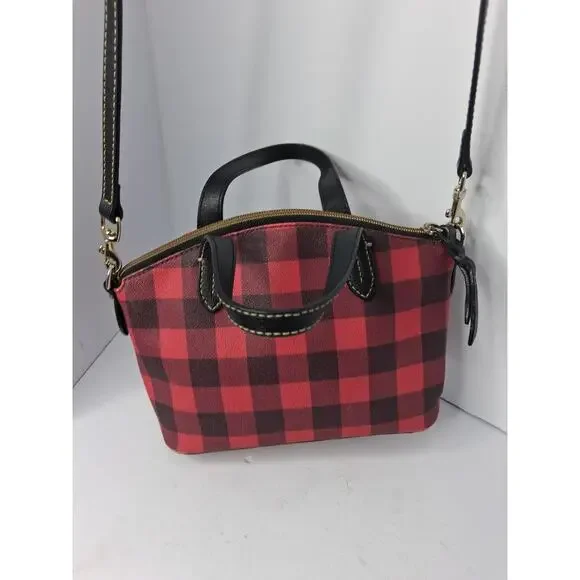 Dooney & Bourke Buffalo Plaid Small Satchel Red Black Crossbody Bag Leather Trim - Picture 13 of 16